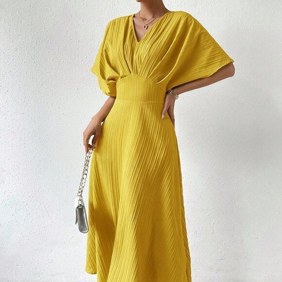 Yellow Elegant Women's Solid Batwing Sleeve A-line Dress - Picture 4 of 5